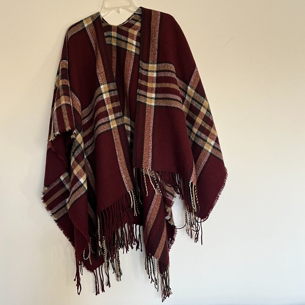 Blanket Shawl Cape Wrap Womens One Size - Burgundy Plaid - Soft